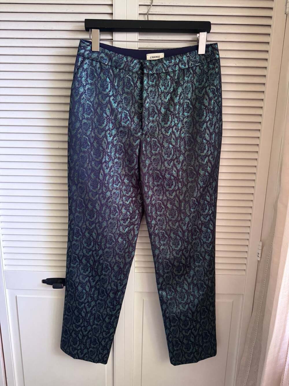 L'AGENCE Rebel Metallic Print Pants in Teal Multi Leopard Jacquard Size 6